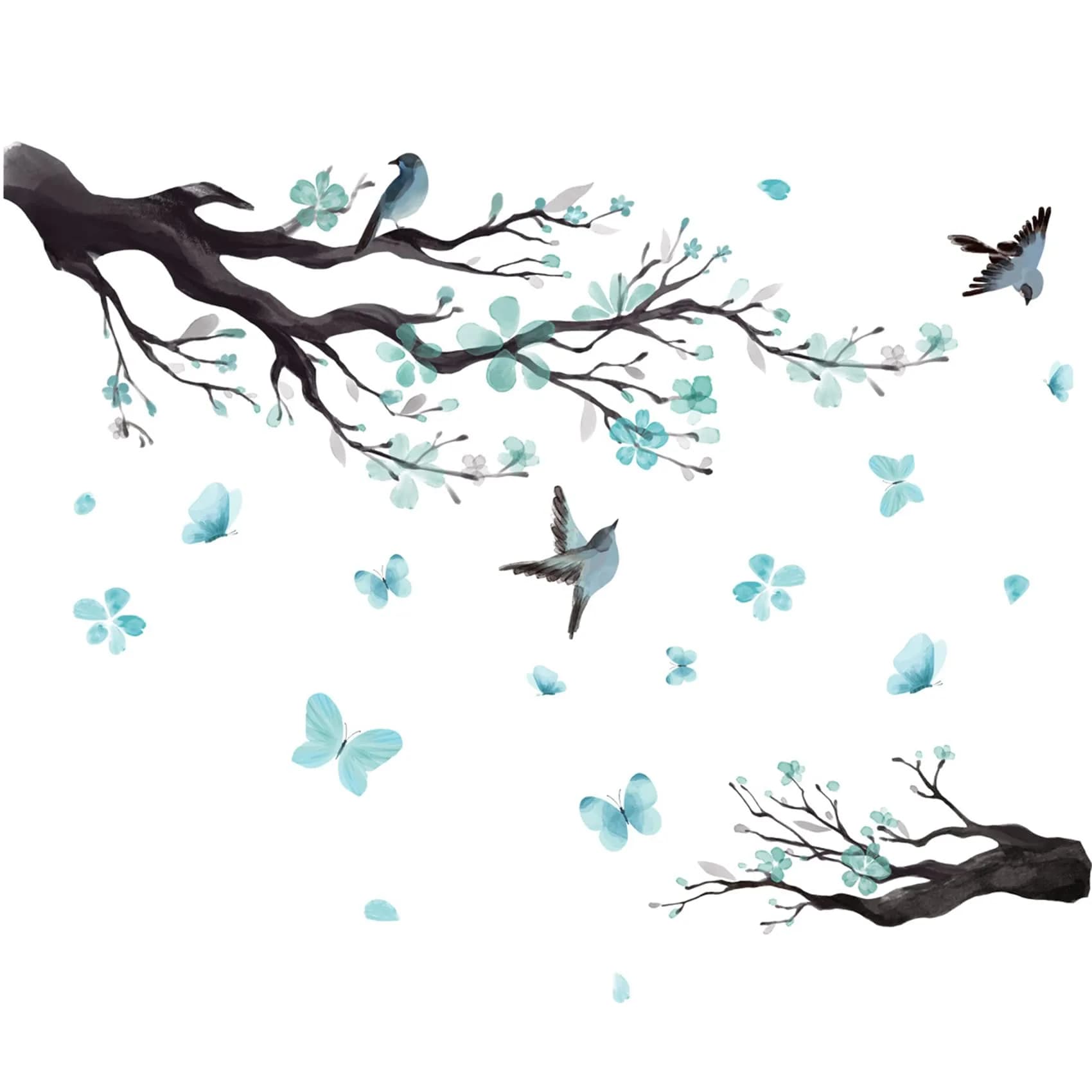 BWCXXZH Large Japanese Wall Decor Stickers 55inch x 37.4inch | Cherry Blossom Tree Art for Nursery & Living Room — Teal Blue