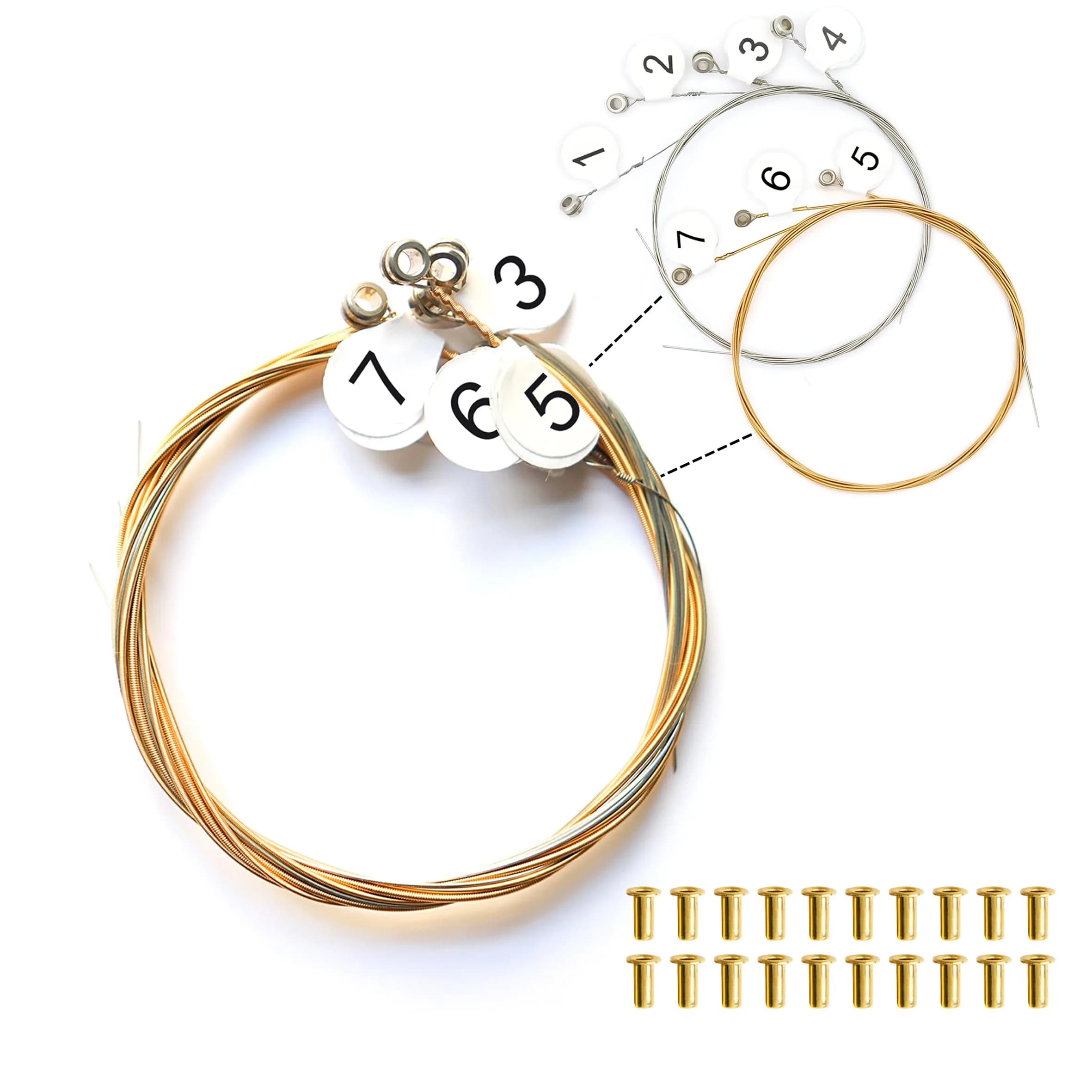 INKNOTE 16 Pcs Tuning Pin Set with L-Shape Wrench & Gooseneck Hammer Lever | For Lyre Harps & Primitive String Instruments — 7 Lyre Harp Strings with Rivets