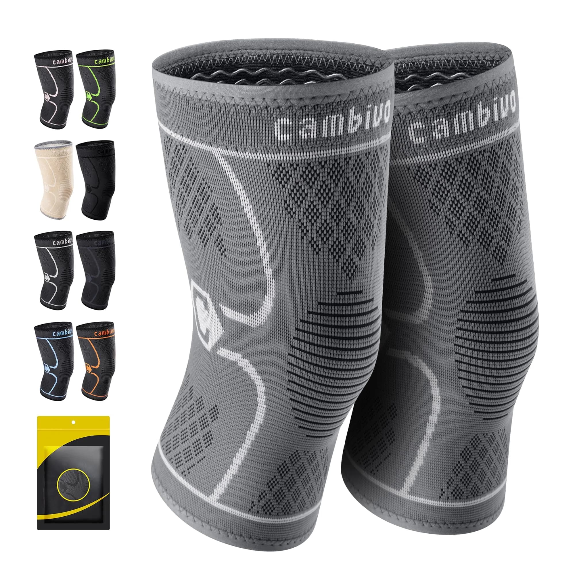 CAMBIVO 2 Pack Knee Brace Compression Sleeve Large (Cool Gray) | Medical Grade Support - main product image