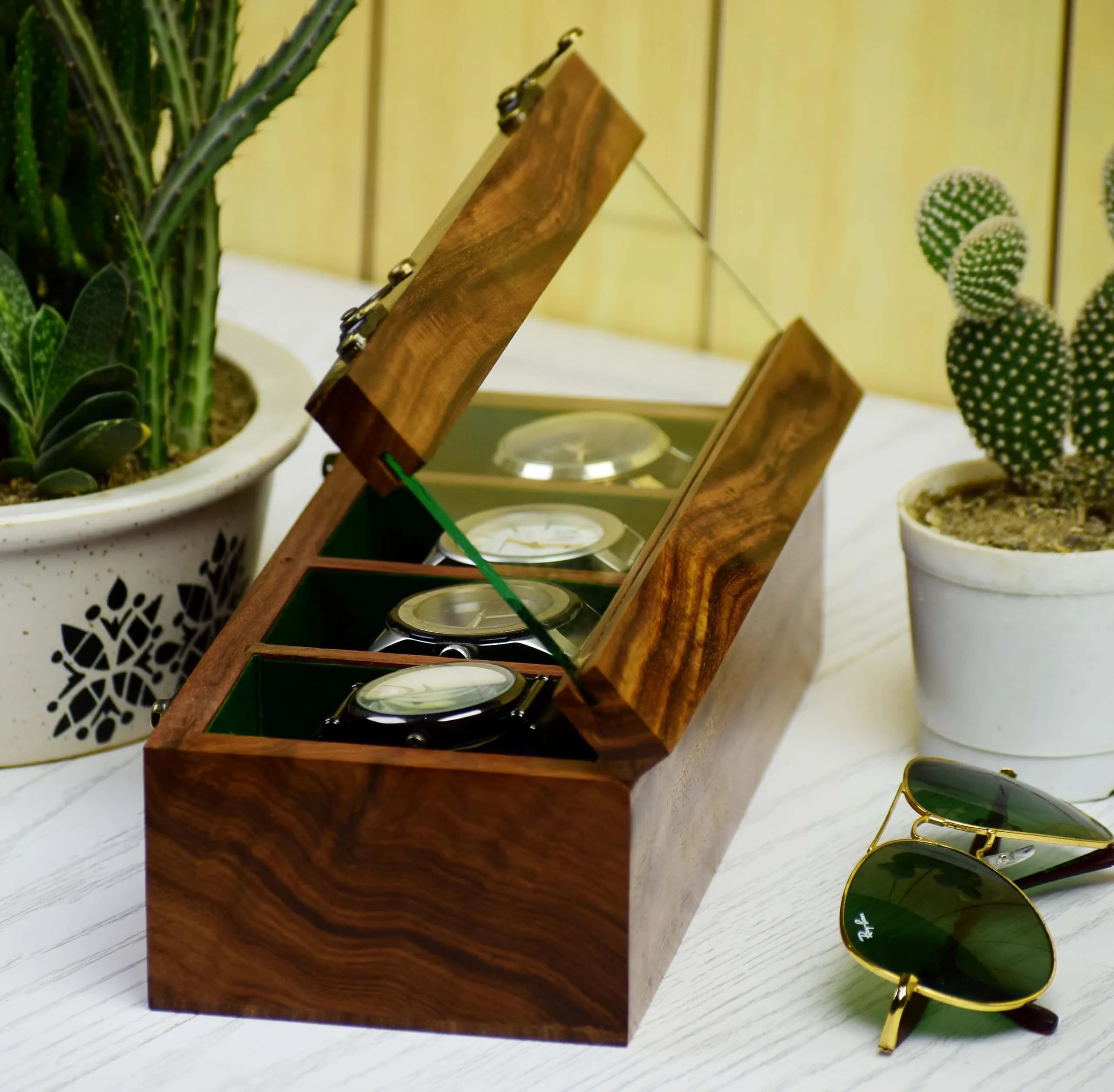 Royal Craft Expertise 9 Slot Handmade Wooden Watch Case | Indian Rosewood Timepiece Organizer with Glass Lid — Dice- Dark browny