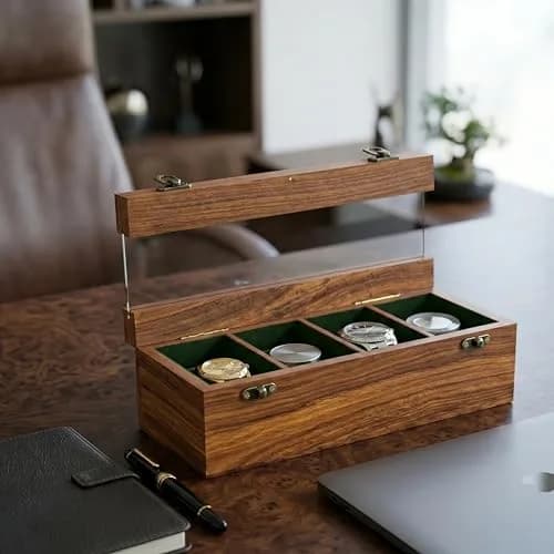 Royal Craft Expertise 4 Slot Wooden Watch Box Organizer | Vintage Brown, Rosewood Lined, Glass Top thumbnail 4
