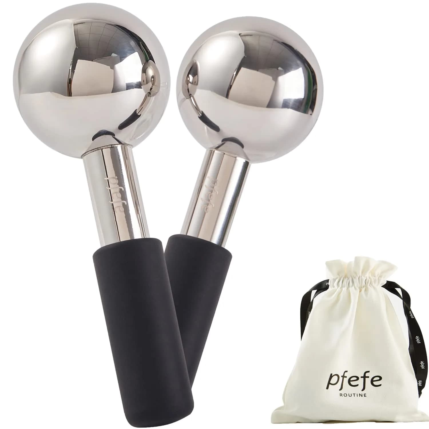 pfefe Ice Globes for Face & Eyes, Unbreakable Stainless Steel Cryo Sticks 2-Pack | Soothe Puffiness & Headaches — Black