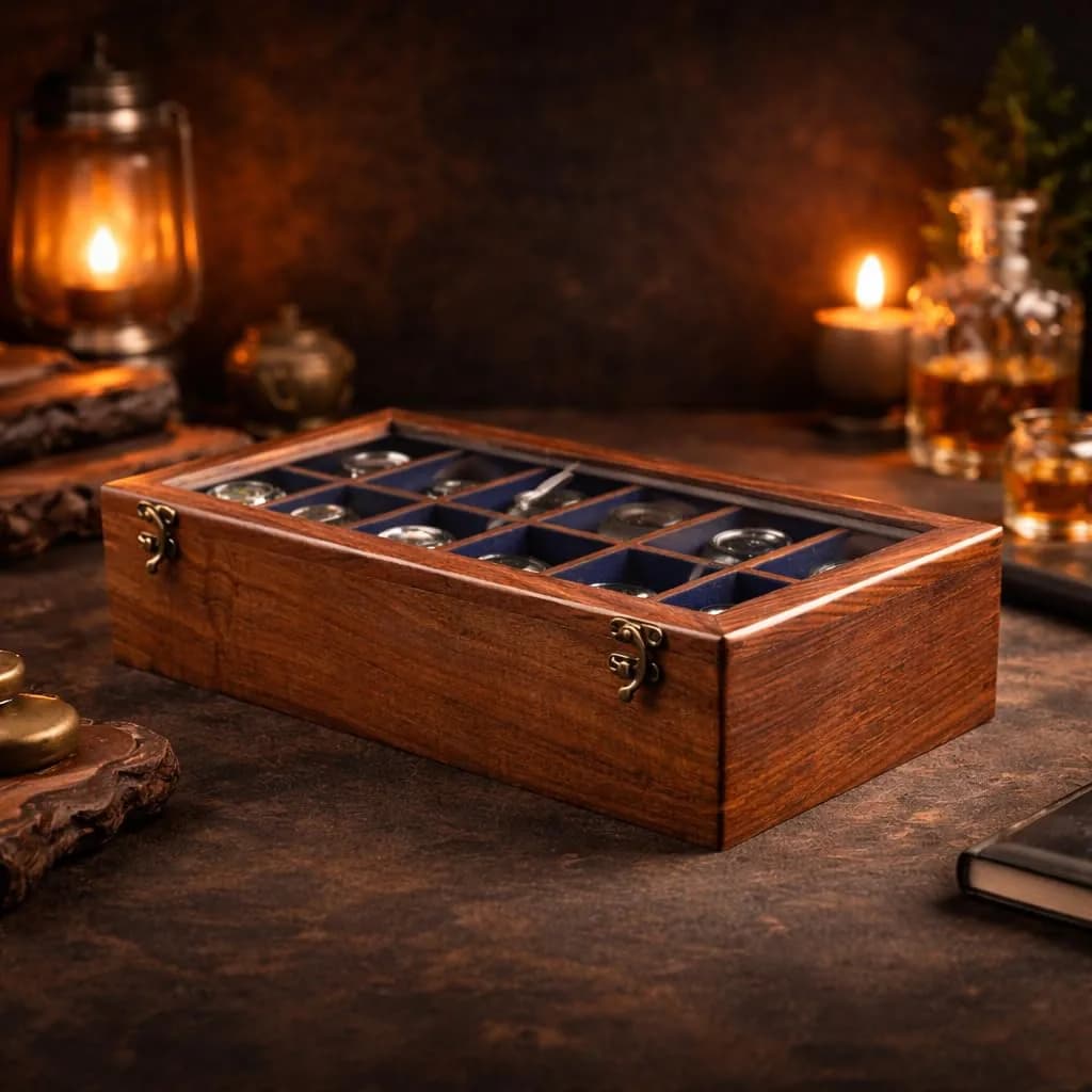 Royal Craft Expertise 9 Slot Handmade Wooden Watch Case | Indian Rosewood Timepiece Organizer with Glass Lid — 12 SLOTS