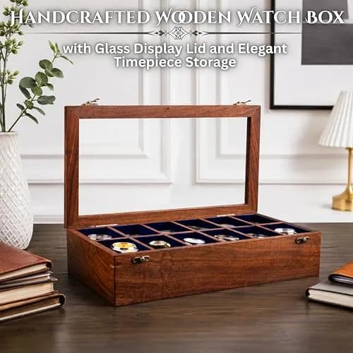 Royal Craft Expertise 12 Slot Handmade Wooden Watch Box with Glass Lid & Velvet Cushions | Indian Rosewood Timepiece Display Case for Men & Women thumbnail 4
