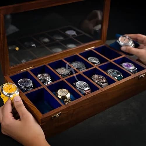 Royal Craft Expertise 12 Slot Handmade Wooden Watch Box with Glass Lid & Velvet Cushions | Indian Rosewood Timepiece Display Case for Men & Women thumbnail 8