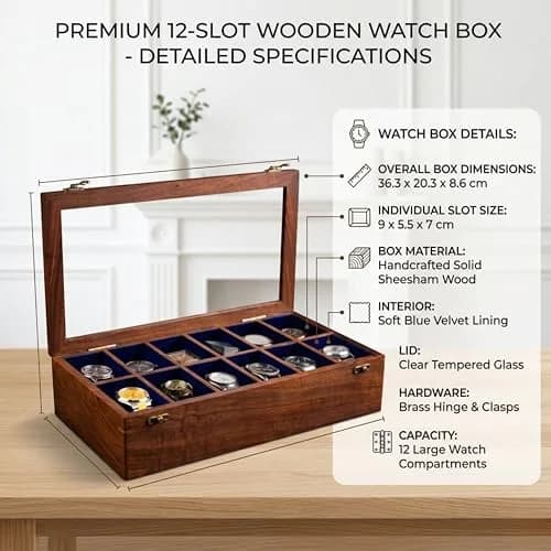 Royal Craft Expertise 12 Slot Handmade Wooden Watch Box with Glass Lid & Velvet Cushions | Indian Rosewood Timepiece Display Case for Men & Women thumbnail 2