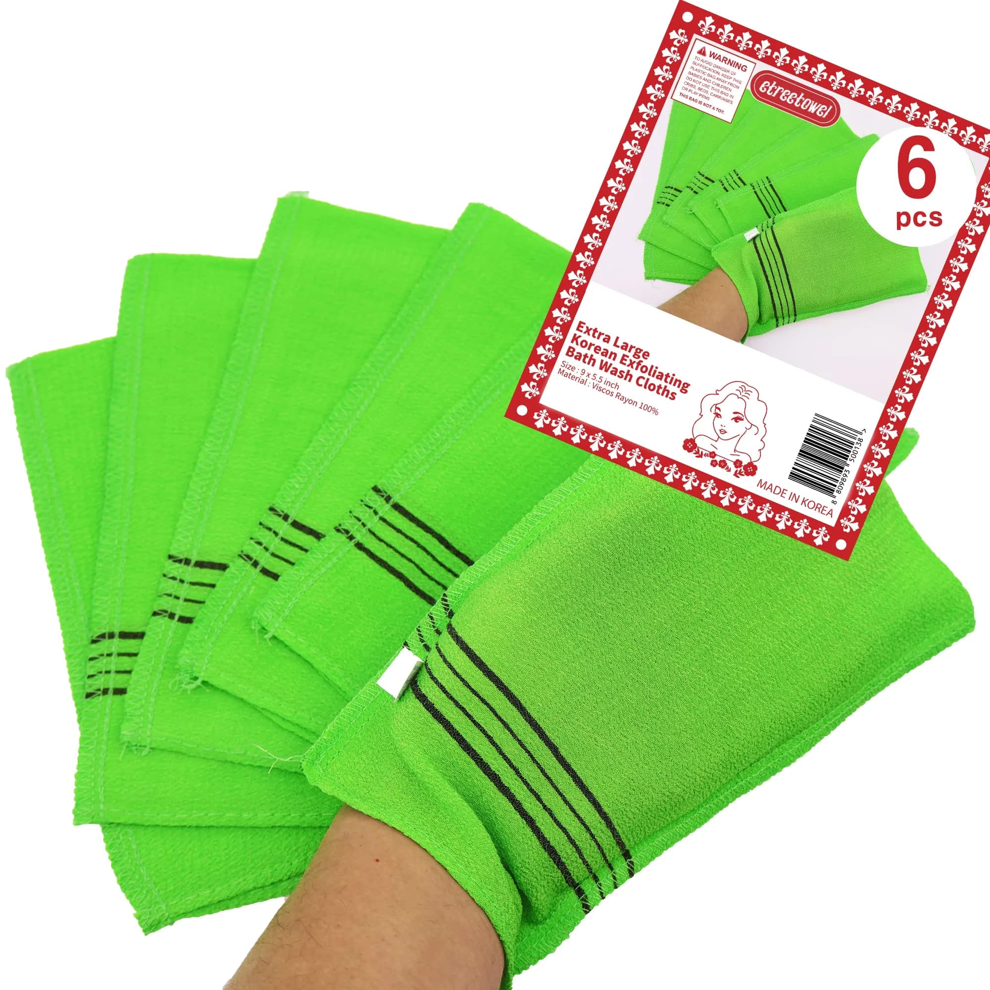 etreetowel Korean Exfoliating Bath Washcloth Mitt 6-Pack | Premium Viscose Rayon, Anti-Shrink — 6 Pcs of Extra Large (9.9" X 5.5")