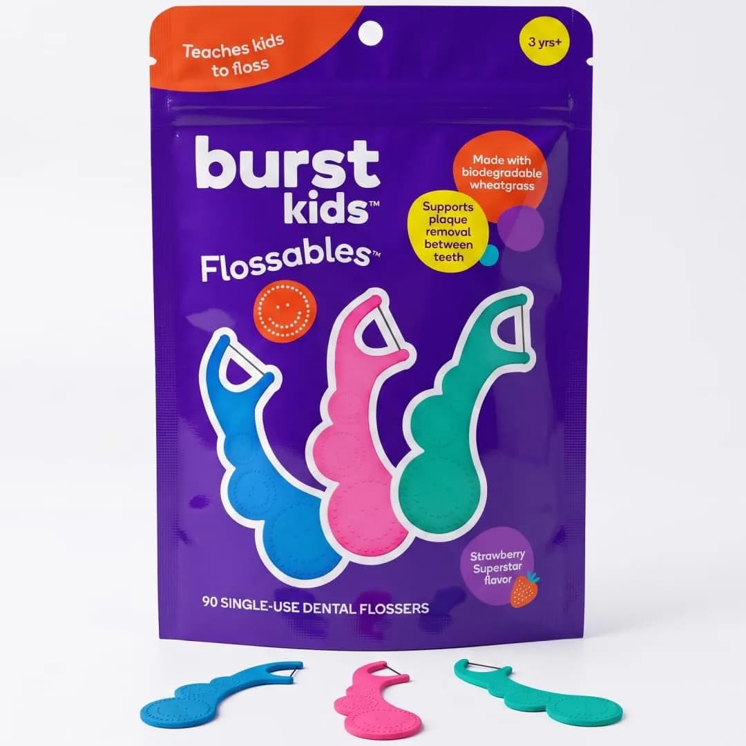 Burst Kids Flossers 90 Count | Strawberry Aroma | Ergonomic, Biodegradable, No-Shred Floss - main product image