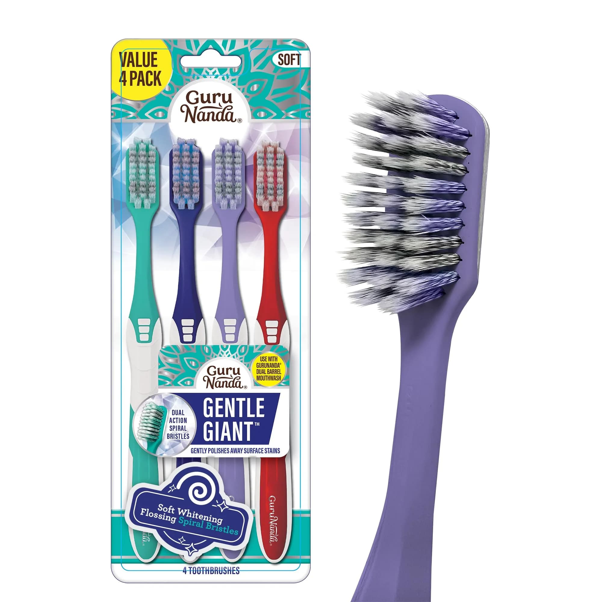 GuruNanda Gentle Giant Toothbrush with Dual Action Flossing Spiral Bristles, Non-Slip Ergo Dexa Grip, BPA Free Manual Toothbrushes, Assorted Colors, 4 Count - main product image