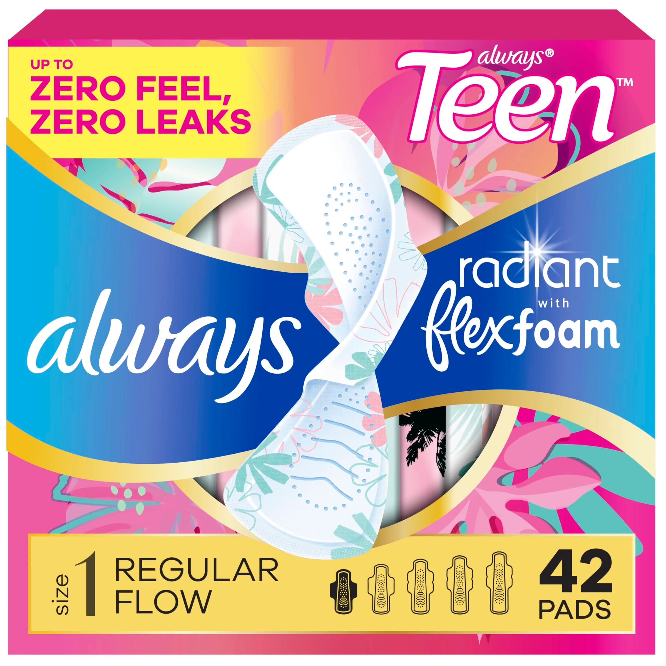 Always Radiant Teen Pads Size 1 Regular with Wings Unscented 42 Count | Dermatologist Tested & Skin Health Alliance Approved - main product image