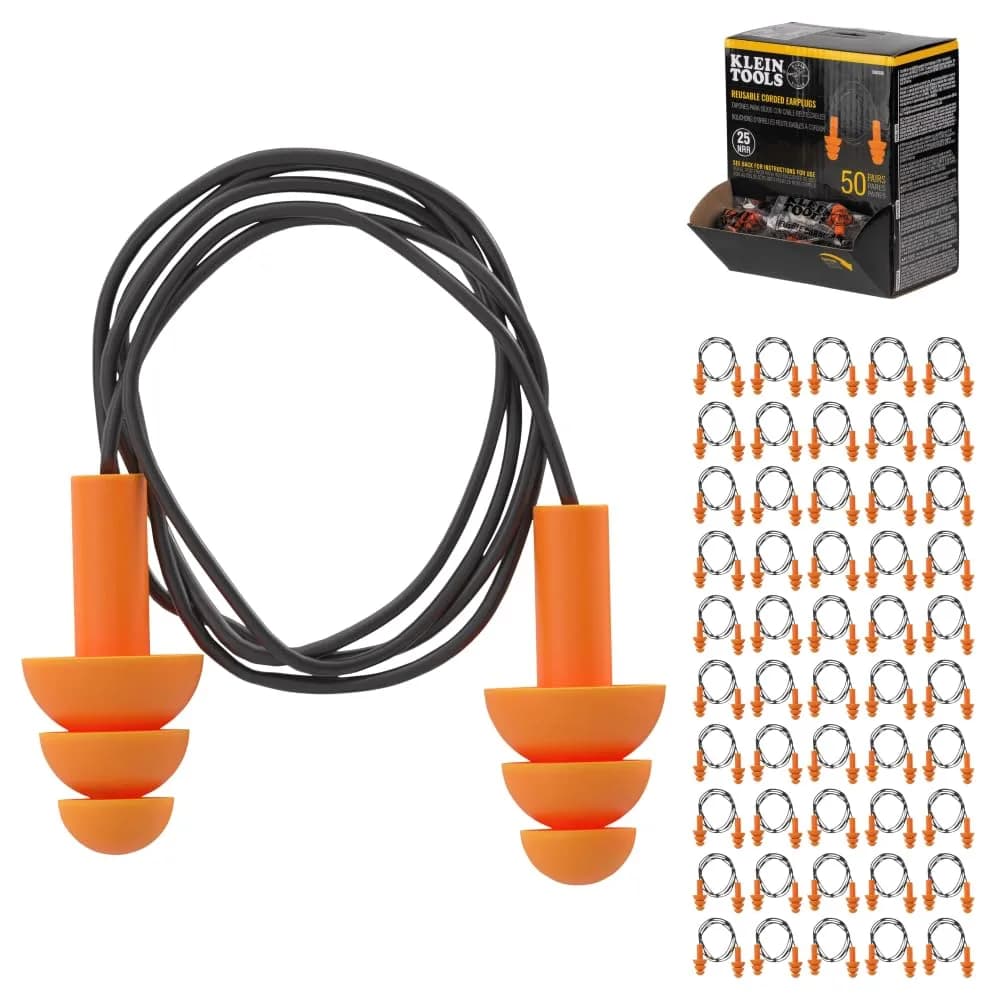 Klein Tools 6050350 Corded Earplugs, 25dB NRR, 50-Pair Dispenser Pack | Reusable Noise Reduction for Construction & Loud Environments