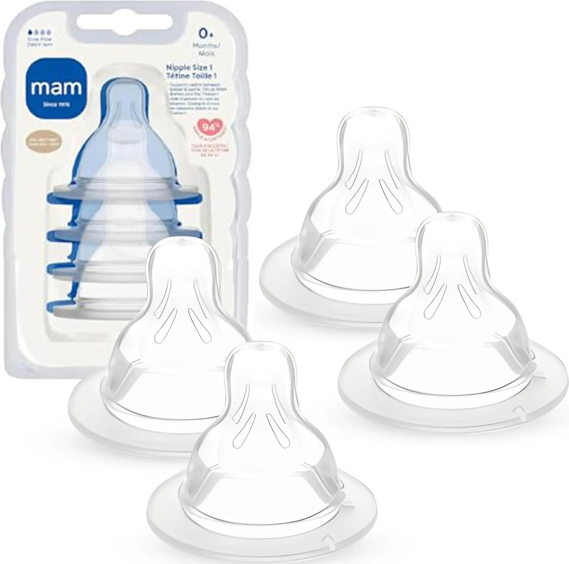 MAM Baby Bottle Anti-Colic Slow Flow Nipples 4 Pack | Breast-Like Silicone for All MAM Bottles - main product image