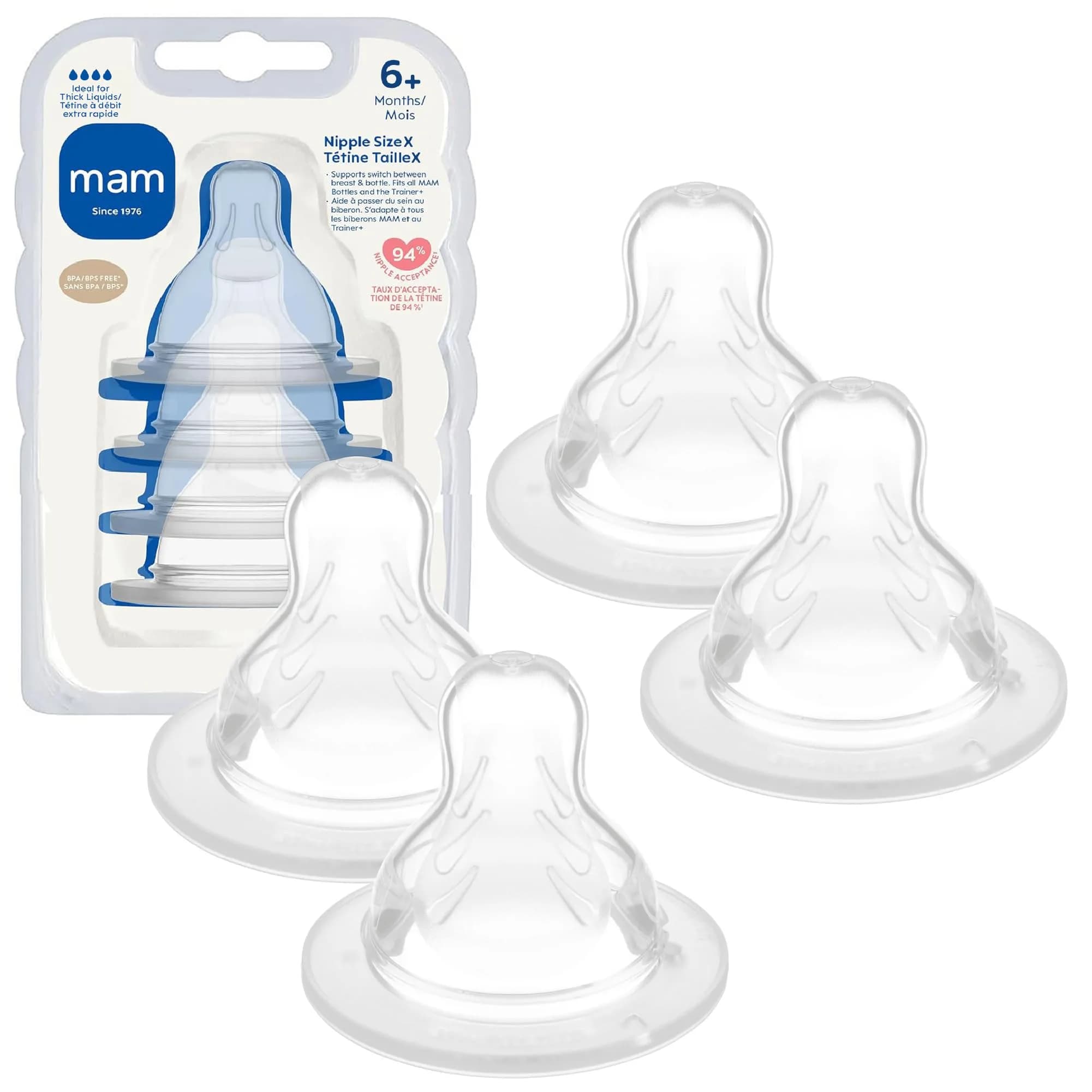 MAM Baby Bottle Anti-Colic Nipples Extra Fast Flow | Fits All MAM Bottles, BPA-Free Silicone, 4 Pack