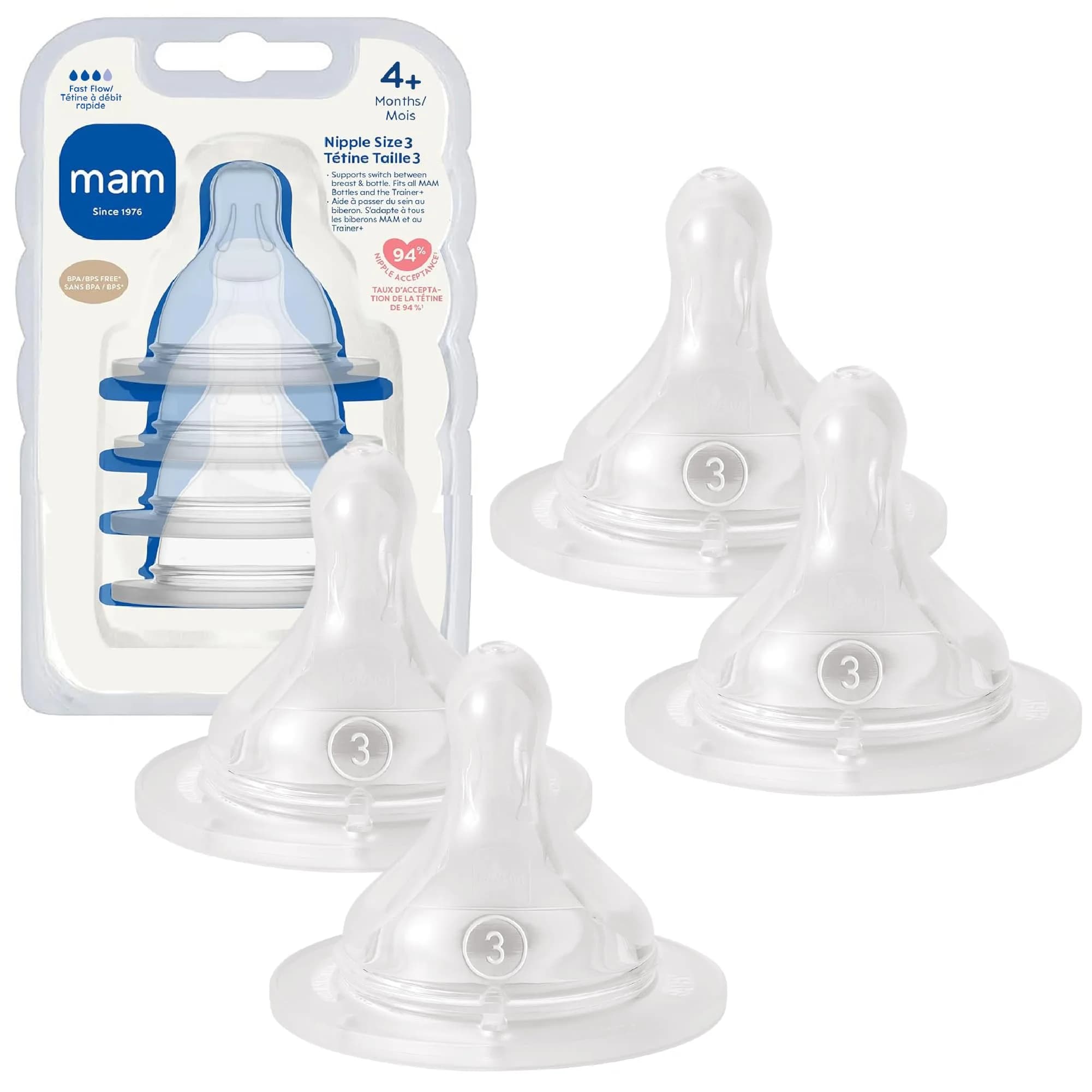 MAM Baby Bottle Anti-Colic Fast Flow Nipples 4 Pack | Breast-Like Silicone, Fits All MAM Bottles, 4 Count