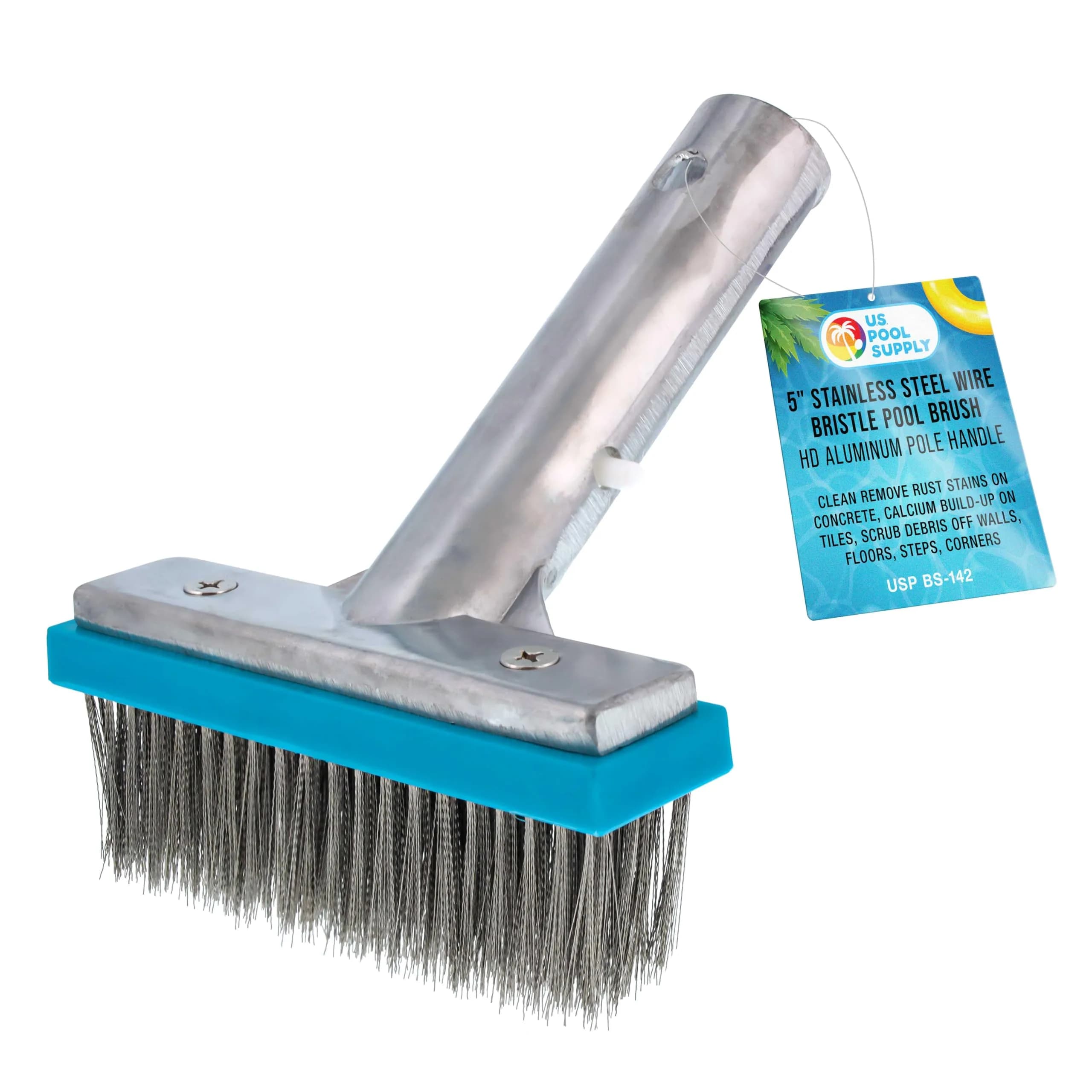 U.S. Pool Supply 5" Stainless Steel Pool Brush Head with Aluminum Handle | Inground Pool Cleaning Tool - main product image