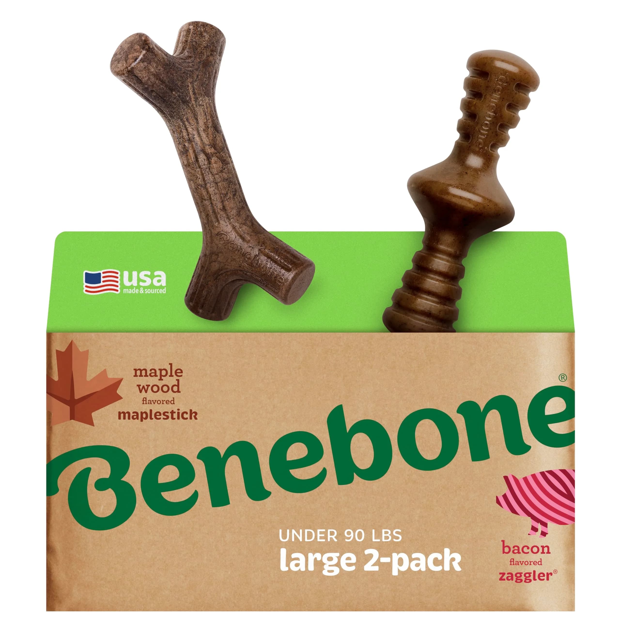 Benebone 2-Pack Maplestick & Zaggler Durable Dog Chew Toys, Large | Real Bacon & Maple Flavors, Made in USA — Large