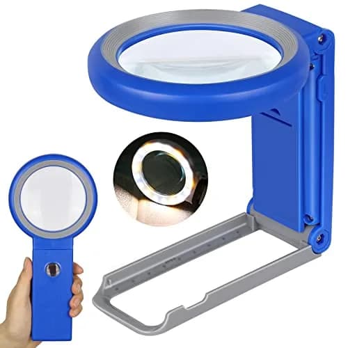 KIBTOY Blue Magnifier with Light and Stand, 3.2-inch Glass Lens | 3x Magnification for Seniors Reading thumbnail 1