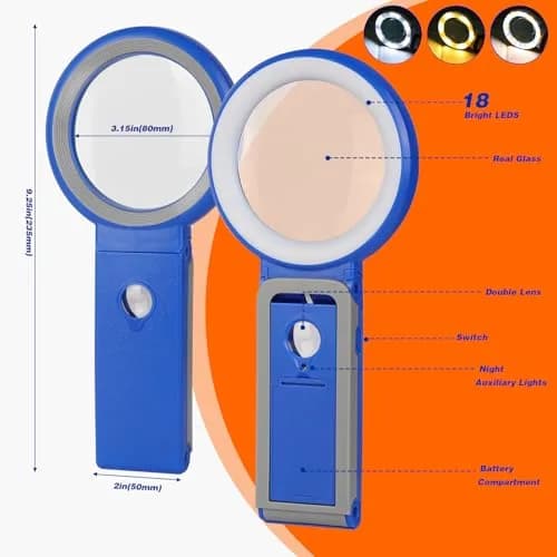 KIBTOY Blue Magnifier with Light and Stand, 3.2-inch Glass Lens | 3x Magnification for Seniors Reading thumbnail 4
