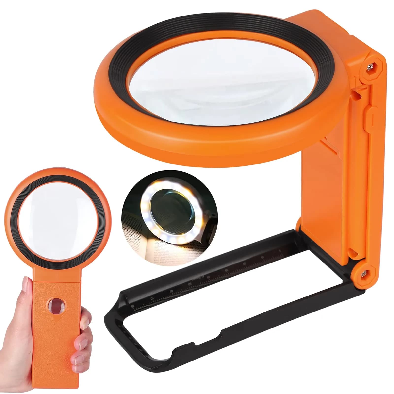KIBTOY Orange Magnifying Glass with Light and Stand, 3.2-inch Glass Lens | High Powered Magnification for Seniors