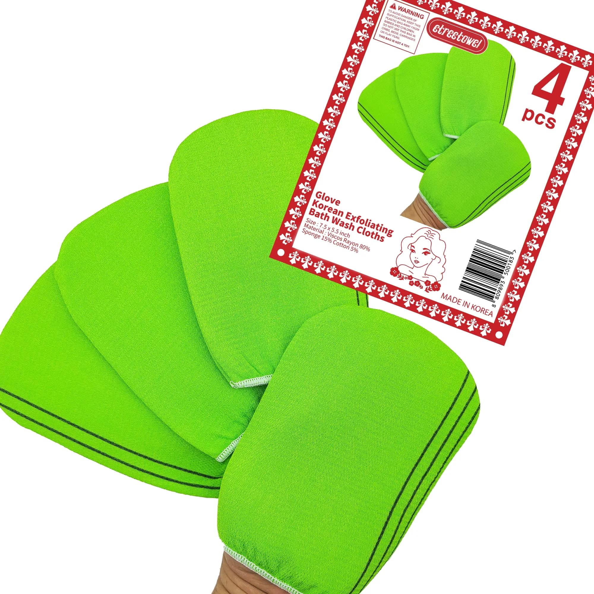 etreetowel Korean Exfoliating Bath Washcloth Mitt 6-Pack | Premium Viscose Rayon, Anti-Shrink — 4 Pcs of Glove Exfoliating Mitts