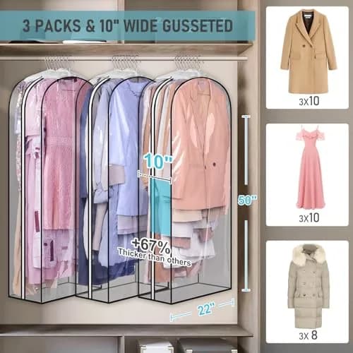 MISSLO Gusseted Clear Garment Bags for Hanging Clothes 50" (127cm) x 22" (56cm) x 10" (25cm) — 3 Pack | Protects Suits, Gowns, Dresses from Dust & Moisture thumbnail 2
