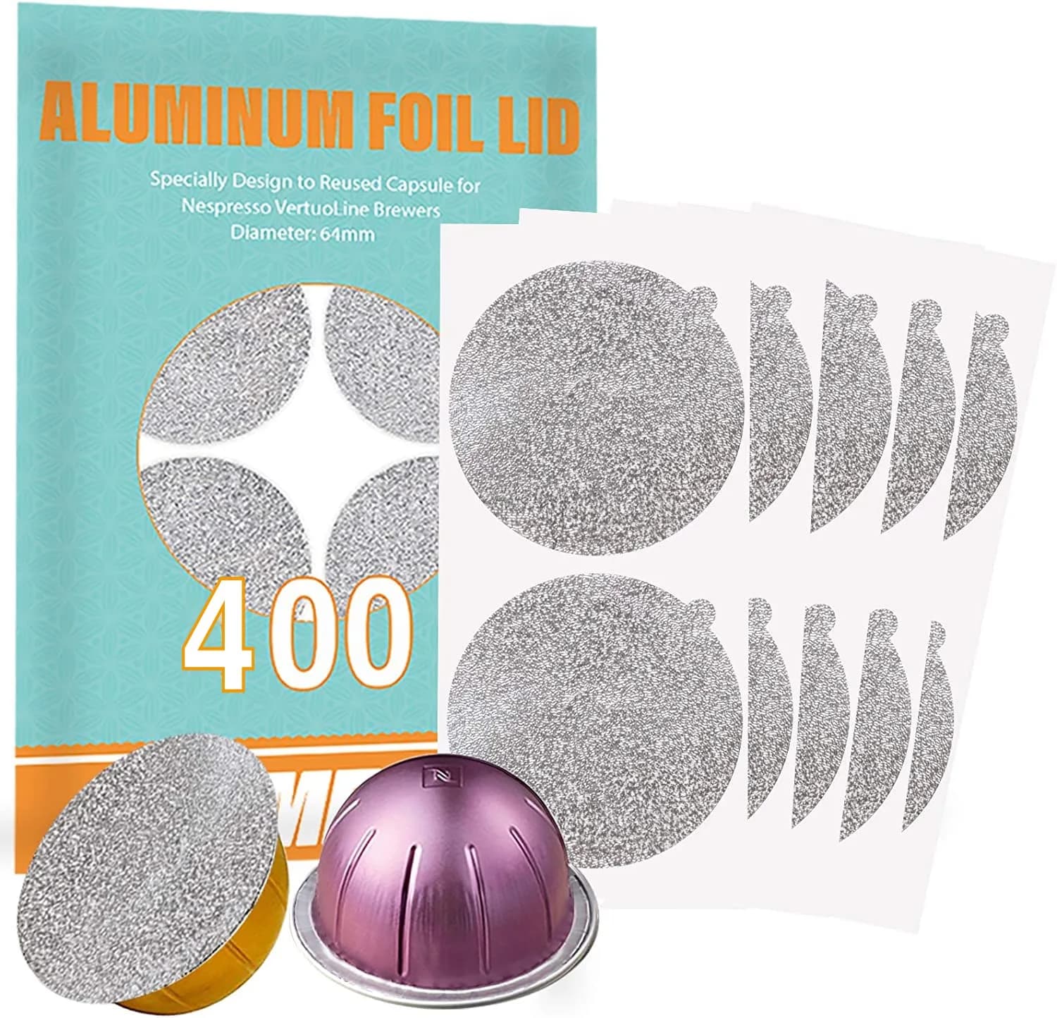 CAPMESSO 400 Aluminum Foil Lids for Nespresso VertuoLine Pods, 64mm Diameter | Reusable Coffee Filter for Rich Brews
