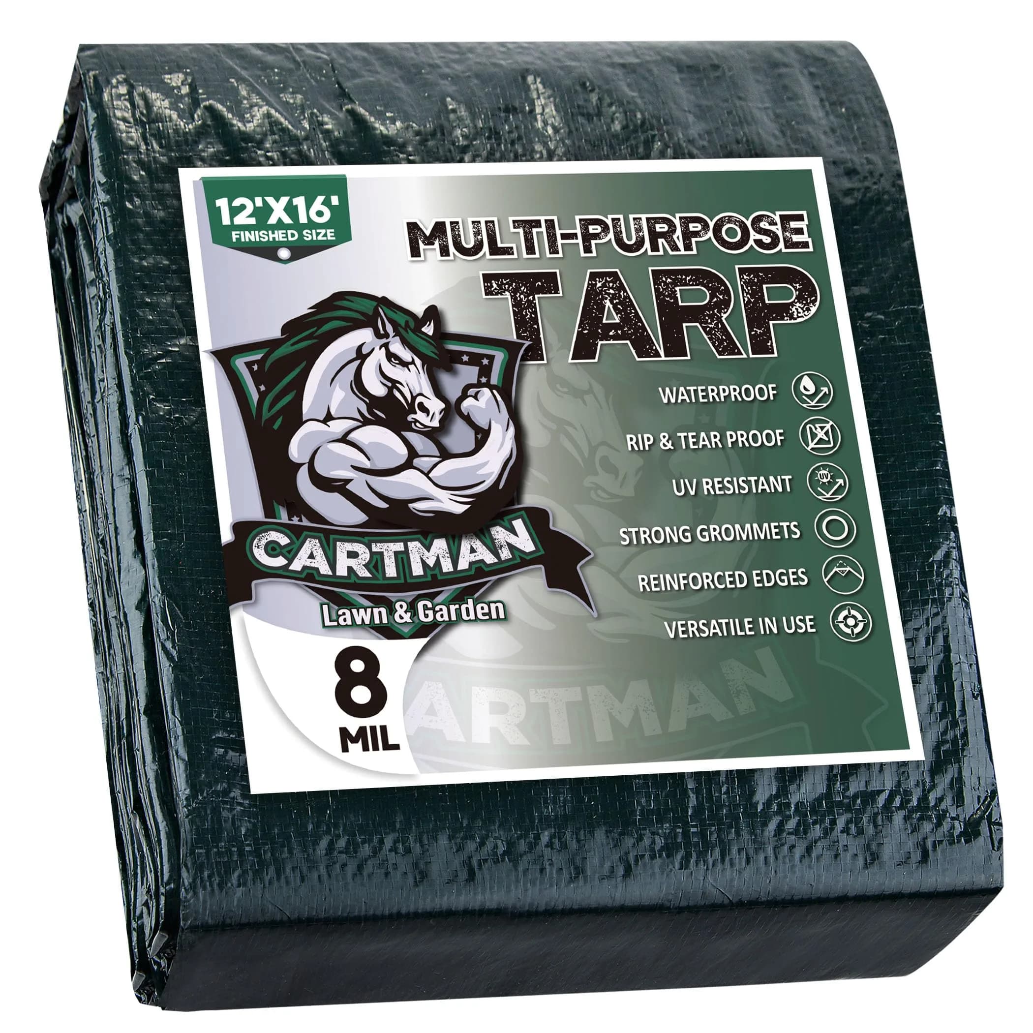 CARTMAN 8x10Ft Waterproof Poly Tarp Cover 8 Mil | Heavy Duty, Green, Outdoor Use — 12'×16'