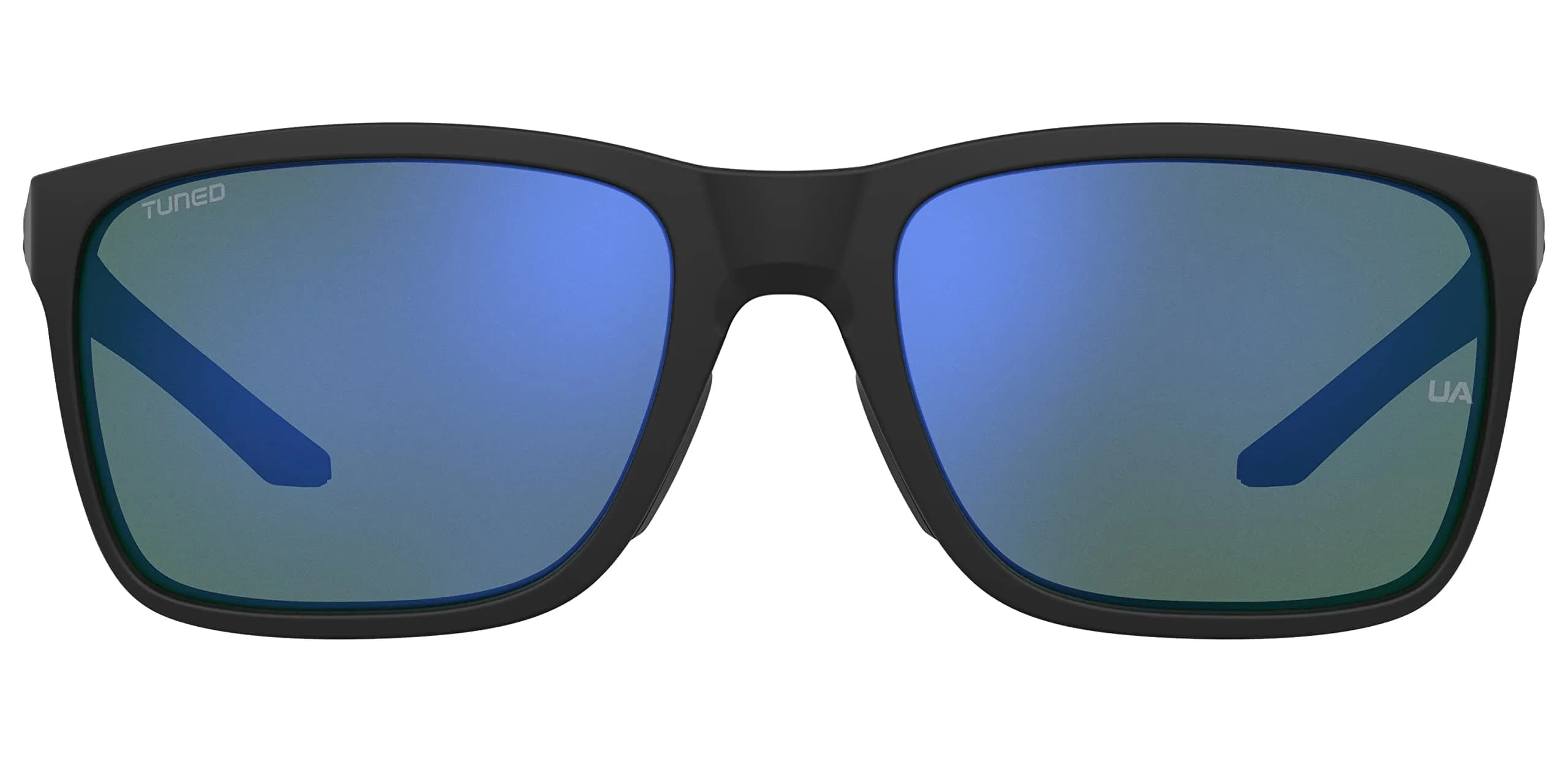 Under Armour Hustle Rectangular Sunglasses Shiny Black Frame w/ Blue Avio Lenses 58mm (2.28in) | Polarized UV Protection — Shiny Black / Tuned Blue-Green