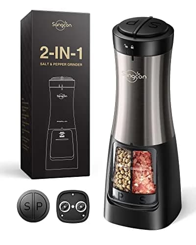 Sangcon 2-in-1 Automatic Electric Salt and Pepper Grinder with LED Light, 150ml (5.07 Fl Oz) Dual Chamber | One-Handed Operation for Kitchen & Dining thumbnail 1
