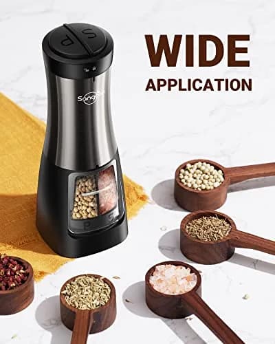 Sangcon 2-in-1 Automatic Electric Salt and Pepper Grinder with LED Light, 150ml (5.07 Fl Oz) Dual Chamber | One-Handed Operation for Kitchen & Dining thumbnail 6