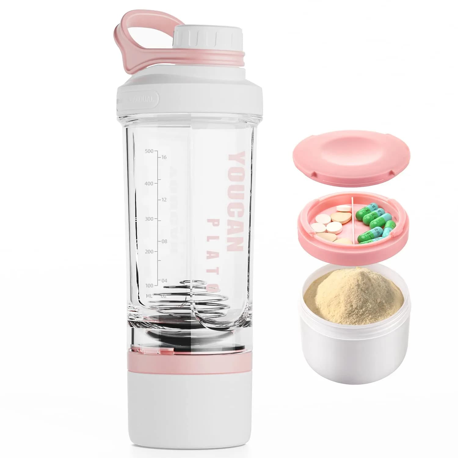 youcanplato 21oz Protein Shaker Bottle with Powder & Pill Storage | BPA Free Tritan, Red — Pink