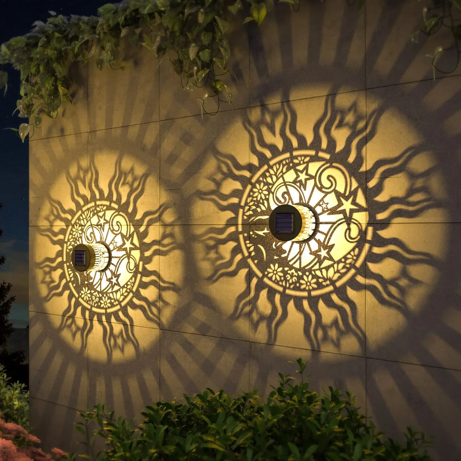 gardencave Large Solar Fence Lights Metal Mandala Pattern Waterproof 4 Pack | Outdoor Wall & Deck Decor — Face
