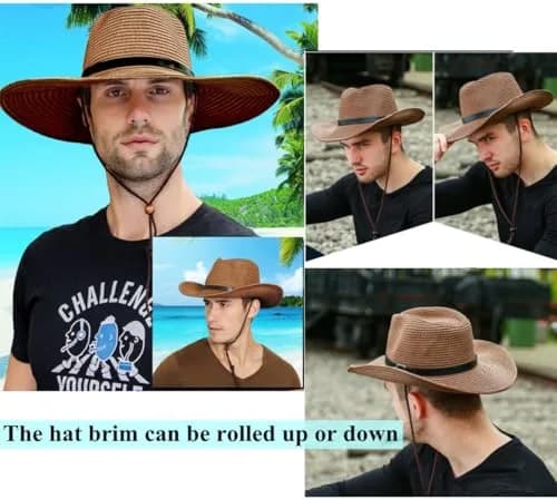 Ibluelover Straw Cowboy Hat for Women Men 58cm (22.8") | Shapeable Wide Brim Fedora Sun Hat thumbnail 5