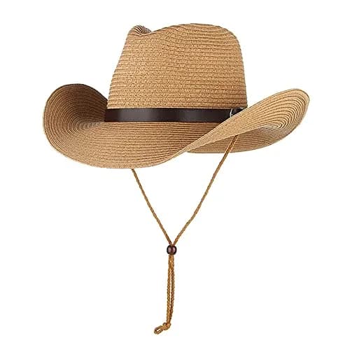 Ibluelover Straw Cowboy Hat for Women & Men, Foldable Sun Hat with Wide Brim & Adjustable Chin Strap | Khaki thumbnail 1