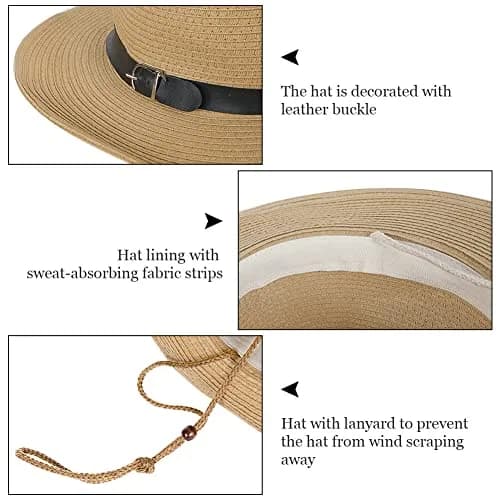 Ibluelover Straw Cowboy Hat for Women & Men, Foldable Sun Hat with Wide Brim & Adjustable Chin Strap | Khaki thumbnail 4