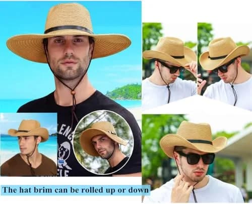 Ibluelover Straw Cowboy Hat for Women & Men, Foldable Sun Hat with Wide Brim & Adjustable Chin Strap | Khaki thumbnail 5