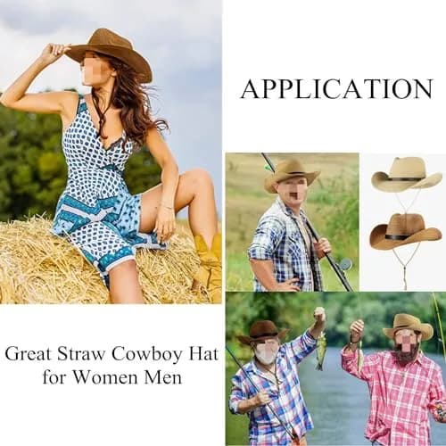 Ibluelover Straw Cowboy Hat for Women & Men, Foldable Sun Hat with Wide Brim & Adjustable Chin Strap | Khaki thumbnail 6