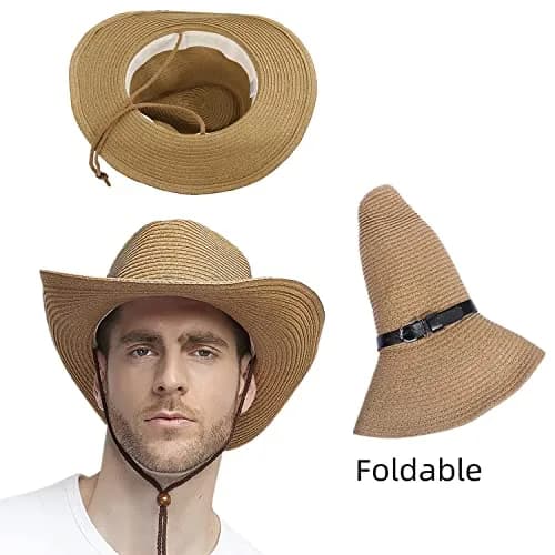 Ibluelover Straw Cowboy Hat for Women & Men, Foldable Sun Hat with Wide Brim & Adjustable Chin Strap | Khaki thumbnail 3