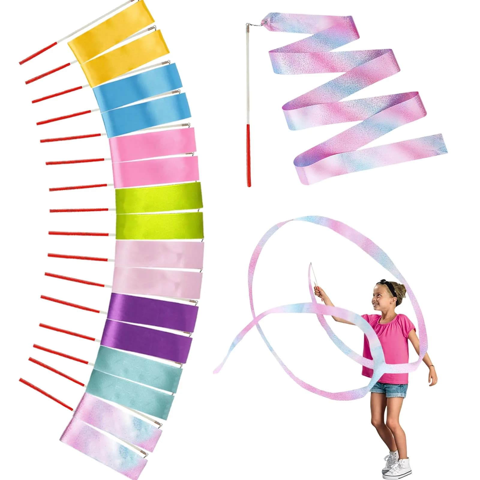 YANMIN 24pcs Dance Ribbon Wands for Kids | Colorful Princess Party Favors, Gymnastics & Dance Props (0.05kg, 24 pcs) - main product image