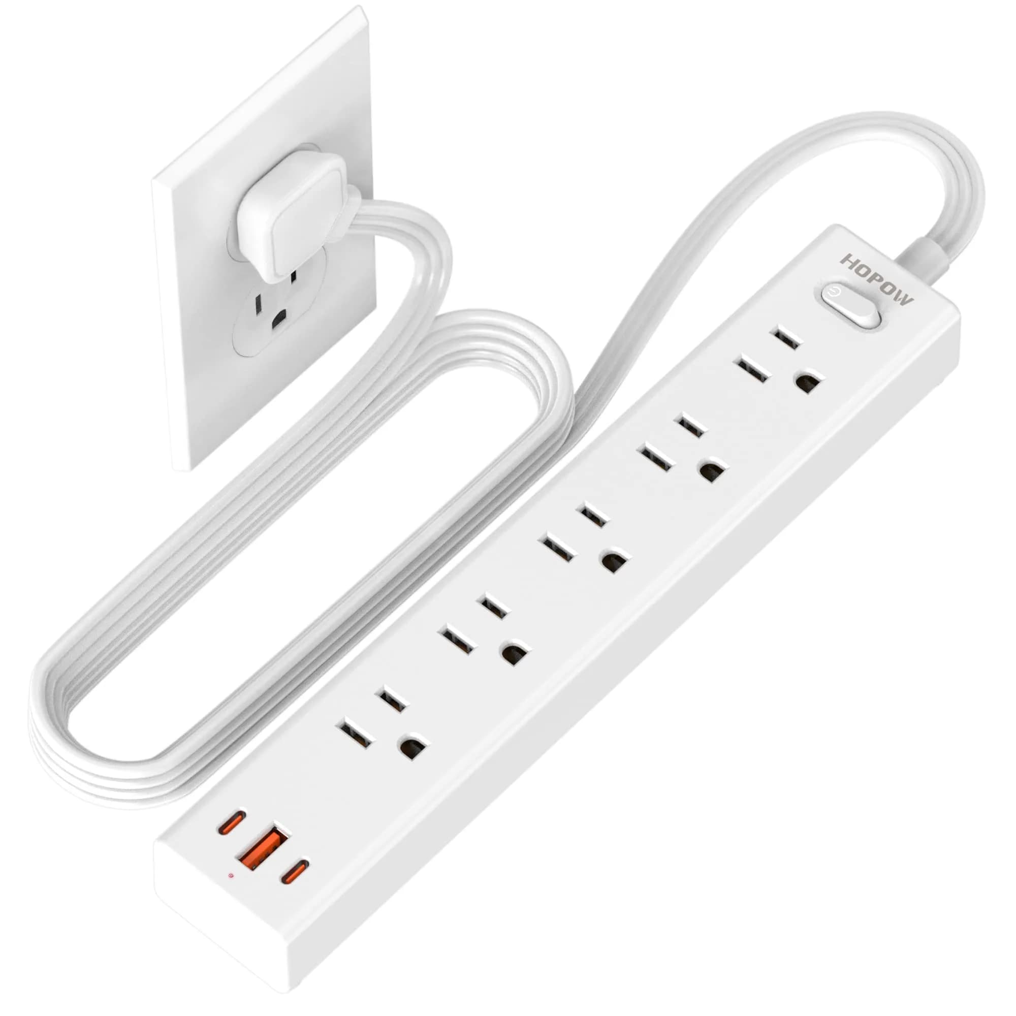HOPOW Surge Protector Power Strip 1700J 6ft | 5 AC Outlets, 2 USB-C, 1 USB-A Ports, Flat Plug, Wall Mount White - main product image