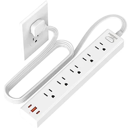 HOPOW Surge Protector Power Strip 1700J 6ft | 5 AC Outlets, 2 USB-C, 1 USB-A Ports, Flat Plug, Wall Mount White thumbnail 1