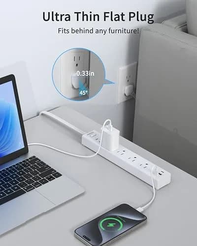 HOPOW Surge Protector Power Strip 1700J 6ft | 5 AC Outlets, 2 USB-C, 1 USB-A Ports, Flat Plug, Wall Mount White thumbnail 4