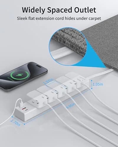 HOPOW Surge Protector Power Strip 1700J 6ft | 5 AC Outlets, 2 USB-C, 1 USB-A Ports, Flat Plug, Wall Mount White thumbnail 5