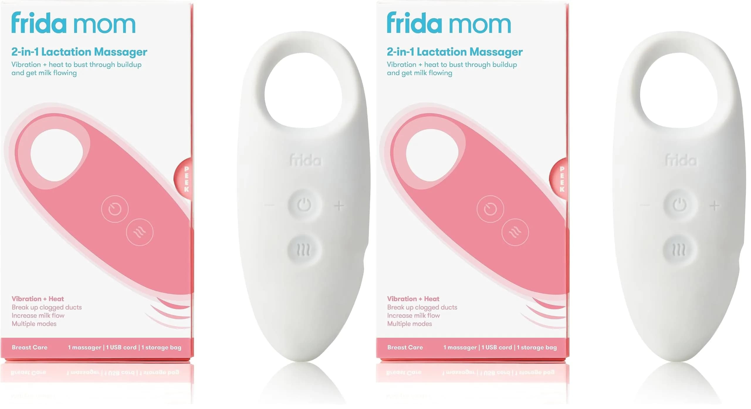 Frida Mom 2-in-1 Lactation Massager with Heat & Vibration, White (Pack of 2) | USB Rechargeable for Clogged Milk Ducts — White,pink