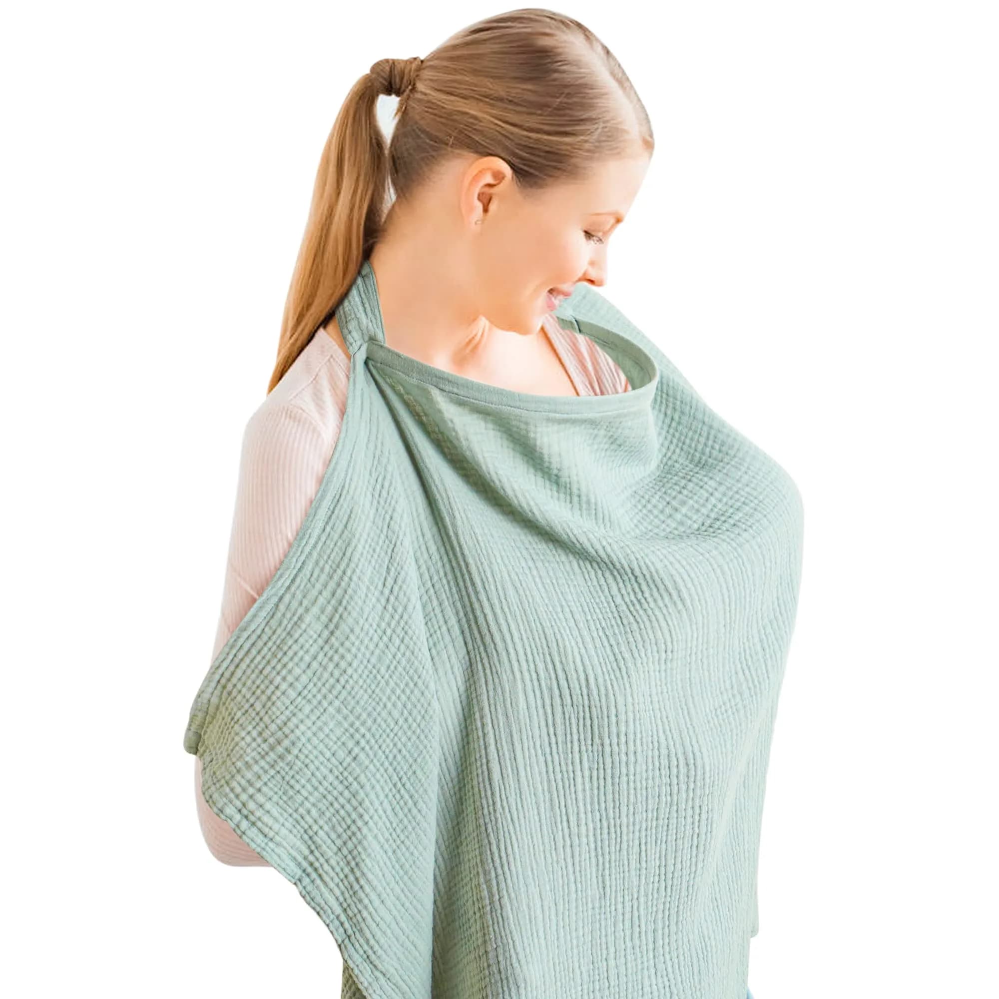 Konssy Muslin Nursing Cover Up for Breastfeeding with Rigid Hoop - Green, 100% Cotton (Muslin)