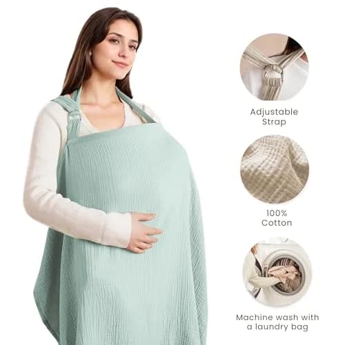 Konssy Muslin Nursing Cover Up for Breastfeeding with Rigid Hoop - Green, 100% Cotton (Muslin) thumbnail 2