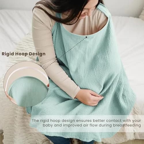 Konssy Muslin Nursing Cover Up for Breastfeeding with Rigid Hoop - Green, 100% Cotton (Muslin) thumbnail 3