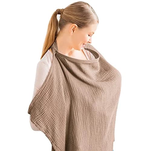 Konssy Muslin Nursing Cover Up for Breastfeeding with Rigid Hoop, 100% Cotton (Brown) | Breathable & Skin-Friendly for Moms & Babies thumbnail 1