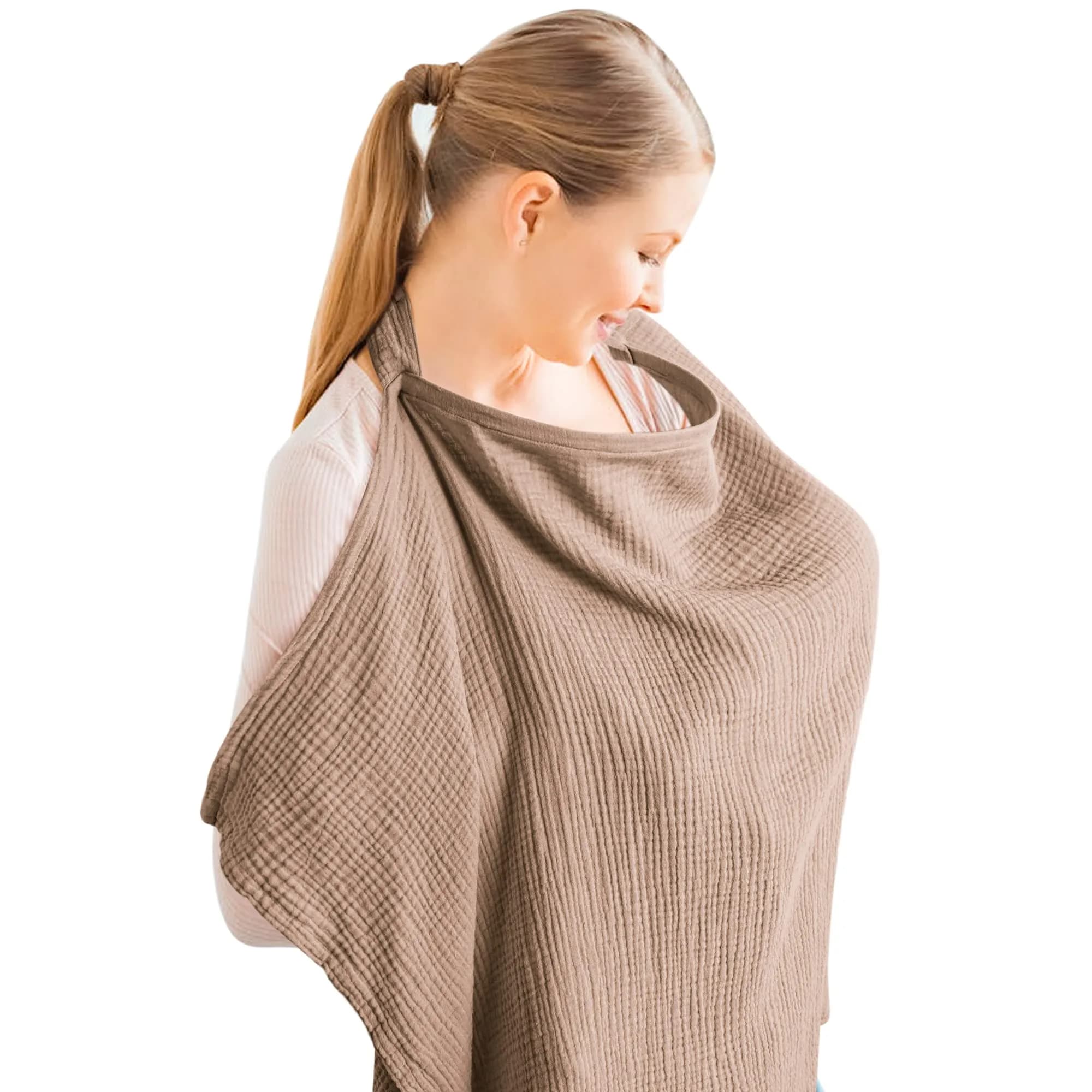 Konssy Muslin Nursing Cover Up for Breastfeeding with Rigid Hoop, 100% Cotton (Brown) | Breathable & Skin-Friendly for Moms & Babies