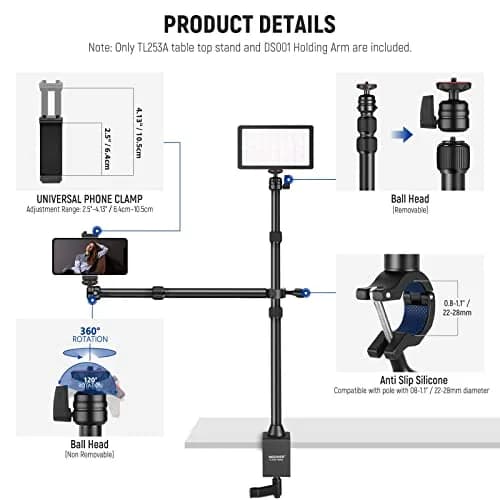 NEEWER TL253A+DS001 Table Camera Tripod with 2 Telescopic Arms & Phone Holder, 120cm (47") Light Stand | Versatile Studio Mount for Content Creation thumbnail 5